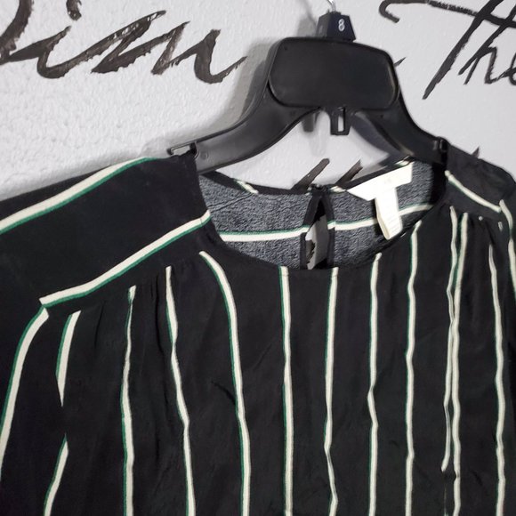 H&M Black, White & Green Striped Scoop Neck Long Sleeve Blouse, 8 - Picture 3 of 7
